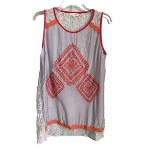 Ryu Anthropologie Gray Orange Embroidered Sheer Lace Tank